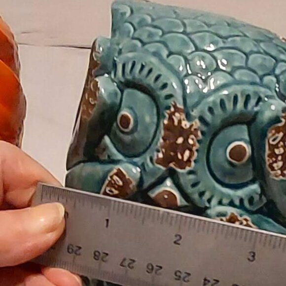 Group of Three Destressed Little Owl's Orange Blue & Green 61/2" Tall - Picture 12 of 12